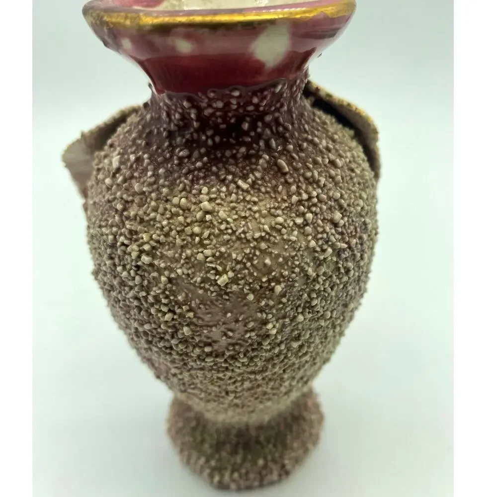 Vintage Sand Majolica Vase‎ Pink Amphora Applied Flowers barbotine gilded